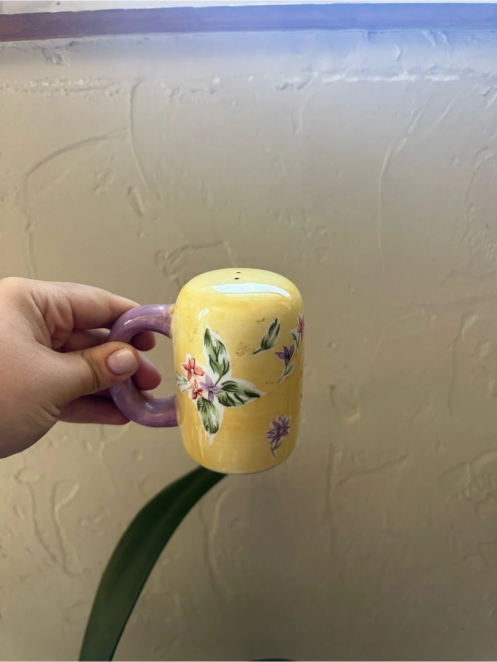 Waverly Yellow Floral Ceramic Mugs with Purple Handles - Pair